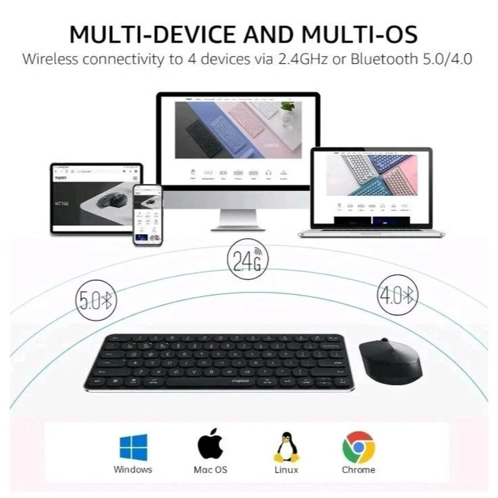 Rapoo 9010M Multi-Device Keyboard and Mouse Combo, 2.4GHz/Bluetooth 5.0/4.0 Wire